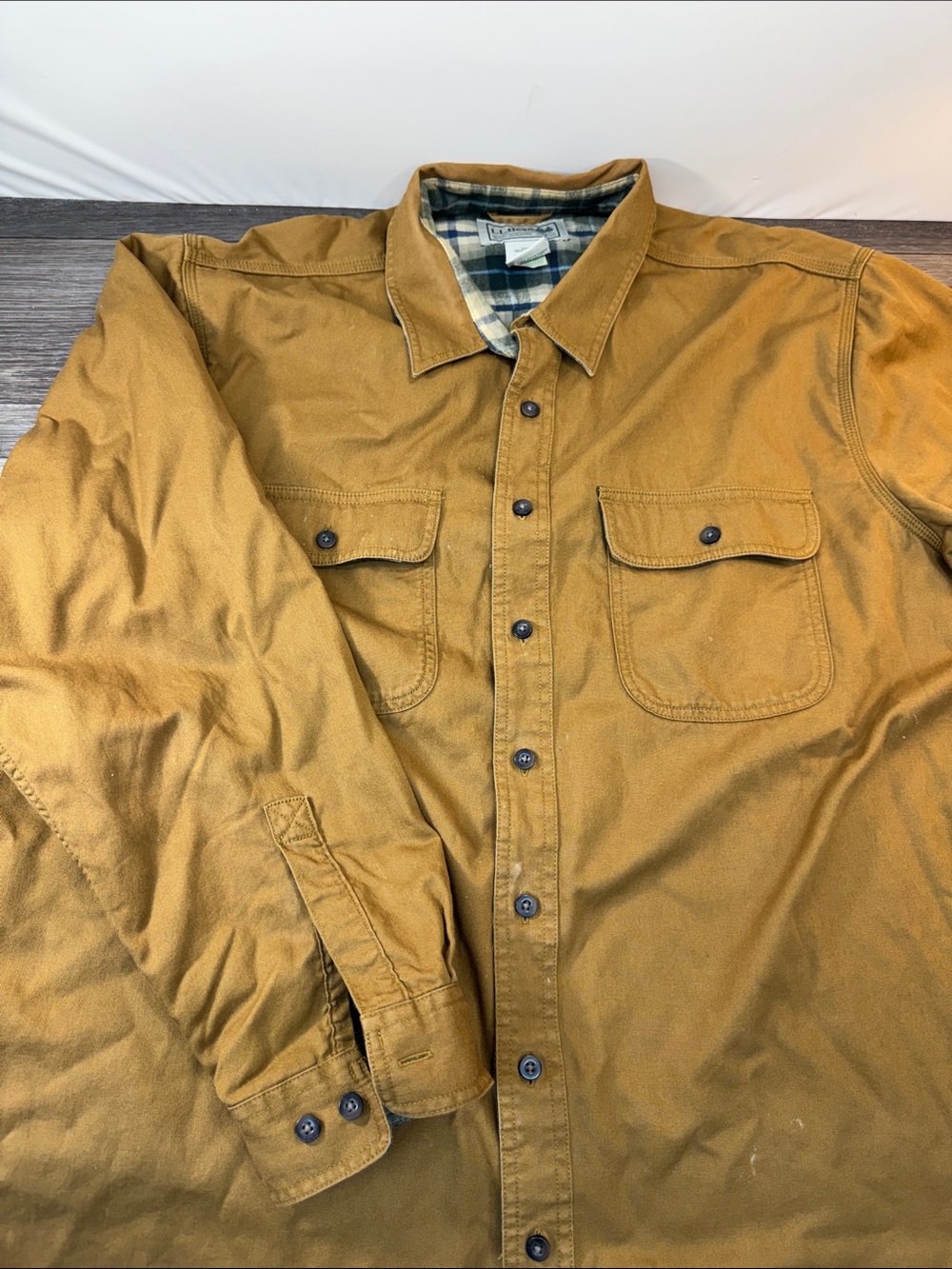 L.L. Bean Men's Tan Canvas Shirt Jacket with Plaid Collar Sz X Large